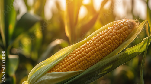 Corn, Golden Harvest: Majestic Corn Cob Standing Tall in Vibrant Cornfield Landscape.