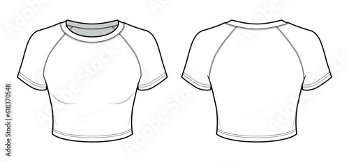  Fitted white cropped raglan shirt flat technical fashion illustration. raglan sleeve T-shirt fashion flat technical drawing template, front view, back view, white color, women, CAD mockup