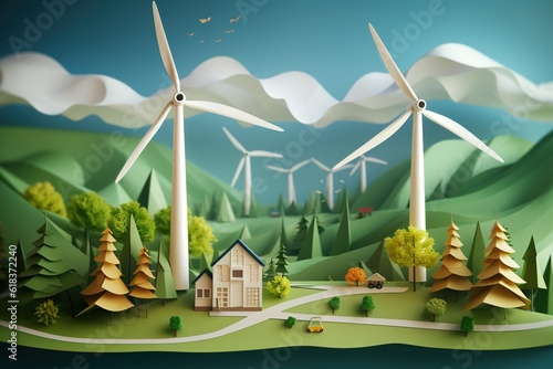 Paper art, renewable energy with green energy as wind turbines. Generative AI.