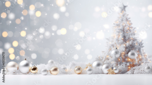 Christmas banner with blank space for text, xmas tree and sparkle bokeh lights on white canvas background