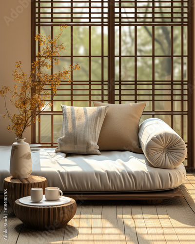 A golden brown steel round side table complements a modern white fabric bolster cushion-back sofa in sunlight from a wooden shoji window, set on Japanese tatami mats. Asian interior design and product