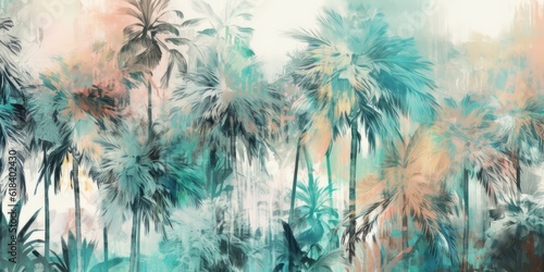 Tropical plants and palm trees, for texture background photo wallpaper. Elegant pastel mint, verdigris colours. Wallpaper pattern painted in watercolour. Generative AI illustration 