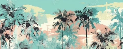 Tropical plants and palm trees, for texture background photo wallpaper. Elegant pastel mint, verdigris colours. Wallpaper pattern painted in watercolour. Generative AI illustration 