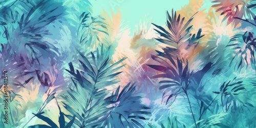 Tropical plants and palm trees, for texture background photo wallpaper. Elegant pastel mint, verdigris colours. Wallpaper pattern painted in watercolour. Generative AI illustration 