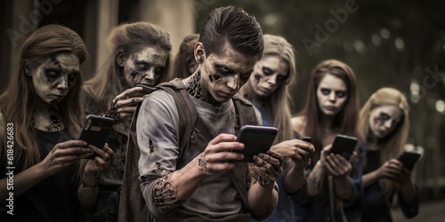 A horde of zombies, utterly engrossed in their smartphones, portrays the unsettling concept of gadget addiction. Generative AI