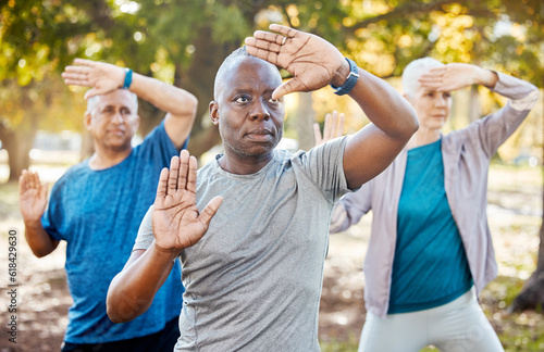 Fitness, tai chi and senior people in park for healthy body, wellness and active workout outdoors. Yoga, sports and men and women stretching in nature for exercise, training and pilates in retirement