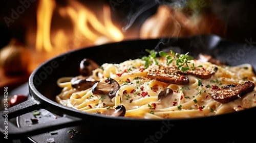 AI generated illustration of a pan of steaming linguine pasta topped with sauteed mushrooms