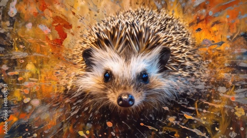hedgehog form and spirit through an abstract lens. dynamic and expressive hedgehog print by using bold brushstrokes, splatters, and drips of paint. hedgehog raw power and untamed energy