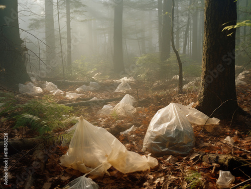 Belle forêt polluée de déchet de sacs en plastique