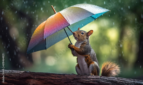 lustiges Eichhörnchen mit Regenschirm im Herbst, generative AI 