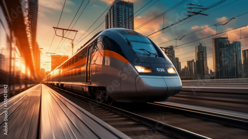 High-Speed Train with Cityscape in the Background