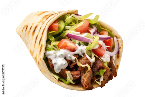 Delicious gyros fast food in flatbread, lettuce, tomatoes, onions, rolled, isolated, generative ai