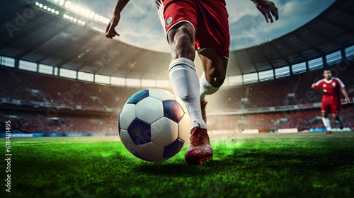 Soccer Striker's Intense Focus: Close-Up Shot Capturing the Moment Before Kicking the Ball at the Stadium