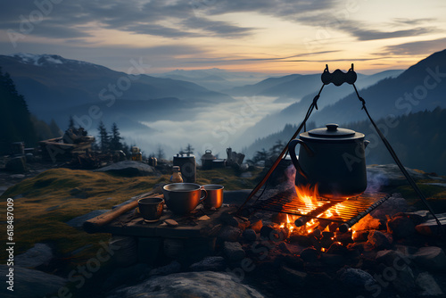 An idyllic tent camping scene in the mountains, featuring a cozy tent surrounded by the breathtaking beauty of nature, with a cooking pot set up. Generative AI