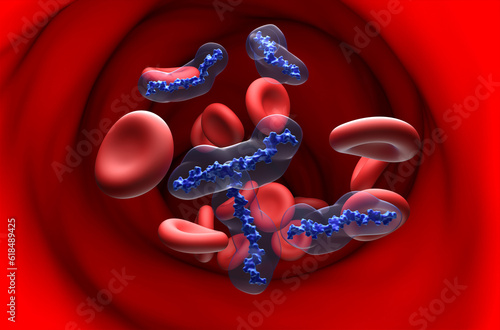 Heparin (UFH) anticoagulant molecules in the blood flow - section view 3d illustration