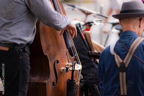 Jazz musicians on the street, a contrabass violin.