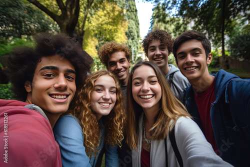 group of happy young teenage smile and laughing taking photo together, Generative Ai
