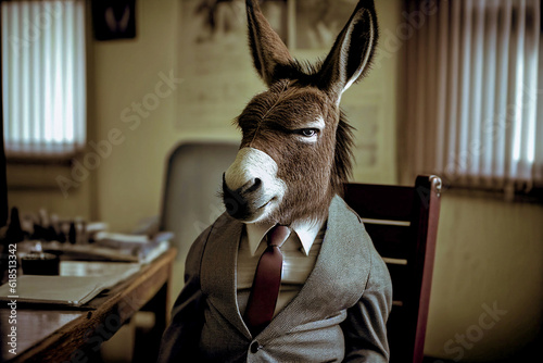 donkey animal posing in business suit in the office. Generative ai