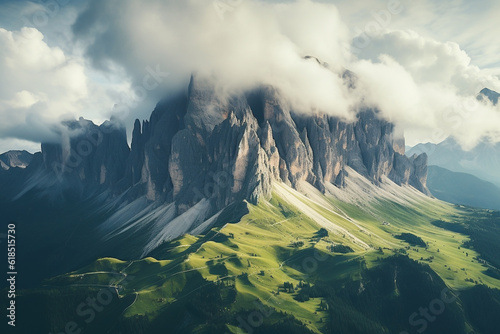 Drone aerial view landscape of mountain peaks in the dolomites Italy