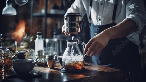 A professional hipster tea maker prepares tea ceremony, filtered tea or tea on draft with hot water and filter paper in the cafe, black vintage tone fresh beverage flavored with thein