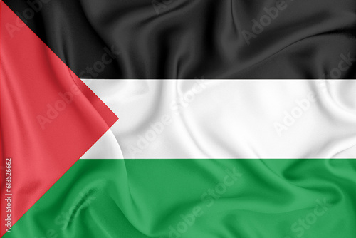 Palestine flag waving with the wind, 3D illustration rendring. Design with satin fabric. to be used for educational purposes or for illustrations of videos or vlogs.