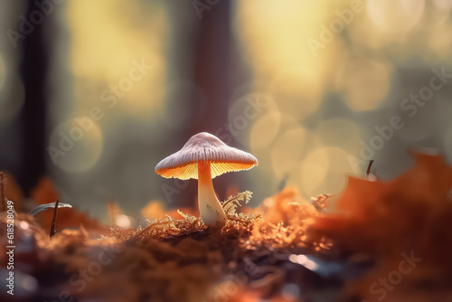 Mushroom on a background of red and yellow leaves. AI