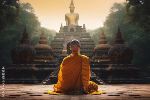 Meditating Monk Before Buddha Statue in Temple Generative AI