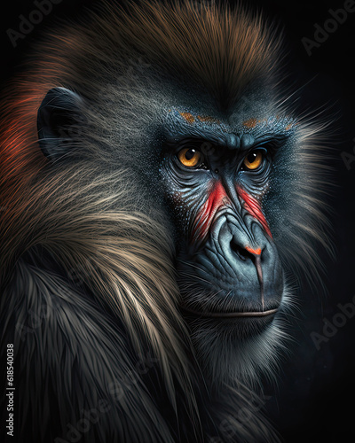 Generated photorealistic portrait of a red-nosed monkey in black and white