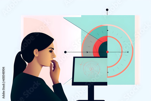 Flat vector illustration perimetry eyes test for early sign of glaucoma of woman patient of ophthalmology clinic perimetry visual field test fmeasure all areas of eyesight including side or peripheral
