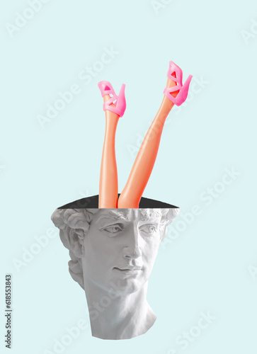 Creative art collage of David's head with female legs in pink shoes flying out of his head on blue background. Foot fetishism and sex addiction concept.