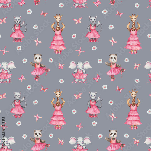 Watercolor seamless pattern. Hand painted illustration of cartoon elephant, panther cat, panda bear, giraffe. Girls in dance studio in pink dress, ballet shoes. Print on grey background for textile