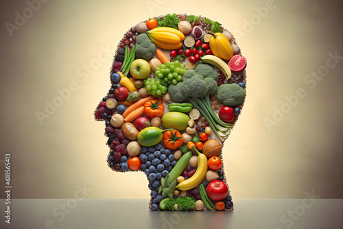 Vegan diet and mental function concept as a psychiatric or psychiatry symbol of the effects on the brain.AI generated