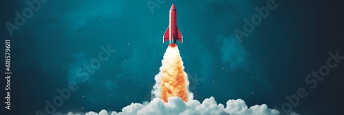 A rocket takes off on a blue background. Generative AI