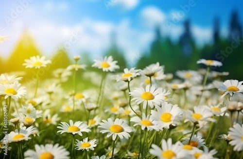 A stunning blurred spring floral background in nature featuring a blooming glade of daisies against a sunny blue sky. Made with Generative AI technology