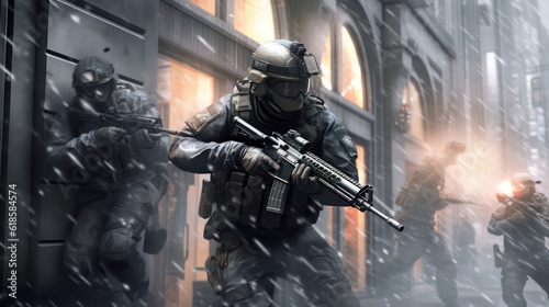 Military and Counterterrorist in Raid and Fire with HK 416 AI Generative