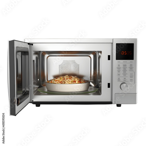 Open Shiny silver countertop microwave on transparent background with food white background, png file with generative ai