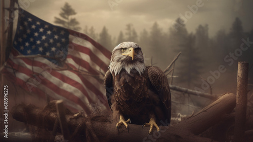 Orzeł na Gałęzi przed Flagą USA - Surrealistyczna Ilustracja