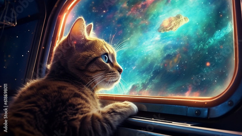 Kosmiczny Kot Patrzący na Galaktykę ze Statku Kosmicznego
