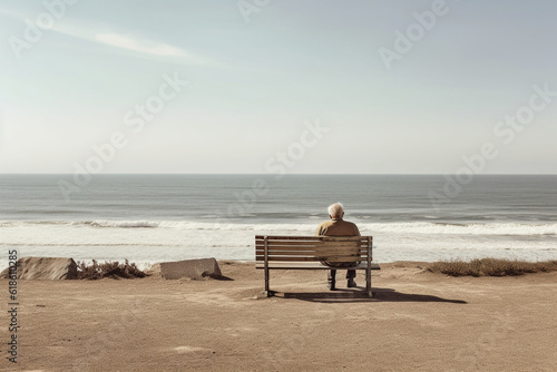 Samotny Starszy Mężczyzna Siedzący na Ławce i Patrzący w Morze: Refleksja i Spokój