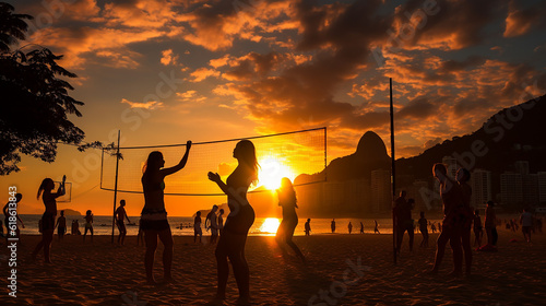 silhueta de Voleibol à beira-mar, hora de ouro, Rio de Janeiro, Brasil,