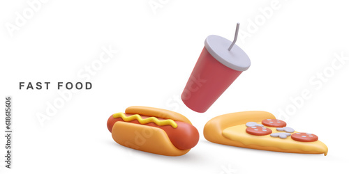 3d realistic Hot Dog, Soda and Pizza on white background. Vector illustration.