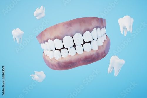 The concept of dental treatment. teeth flying on a blue background. 3D render