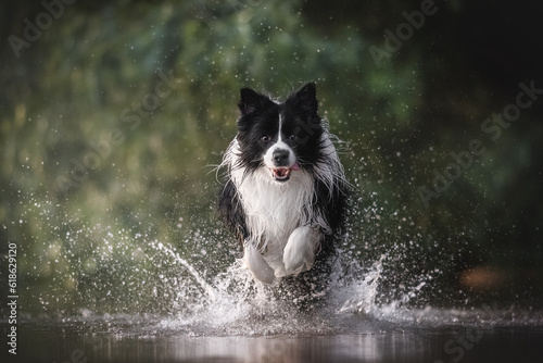 Black and white Border collie dog playing in water