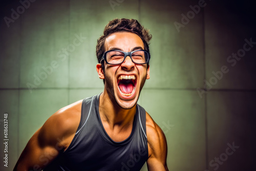 The satisfying moment when a racquetball player makes a winning shot, the intense joy evident in their wide grin