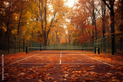 The quiet solitude of an empty tennis court covered in autumn leaves
