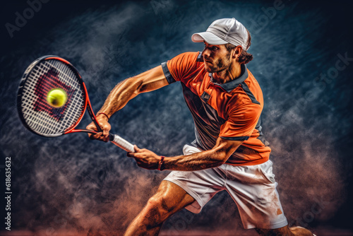 Tennis player performing a powerful backhand, demonstrating skill and precision