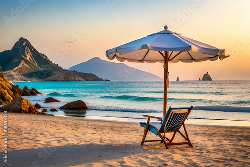 lounge chairs on the beach at sunset generated Ai 