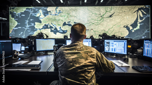 Tactical Operations: Soldier in a Modern War Room Utilizing Maps and Screens, Generative AI