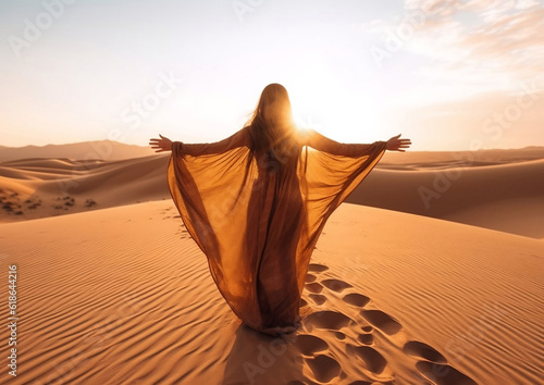 Woman wearing hijab walking in the desert sand dunes at sunset - Happy traveler with arms up enjoying freedom outside - Wanderlust, wellbeing, happiness and travel concept
