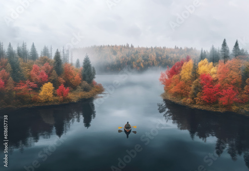 Person rowing on a calm lake in autumn, aerial view only small boat visible with serene water around - lot of empty copy space for text. Generative AI